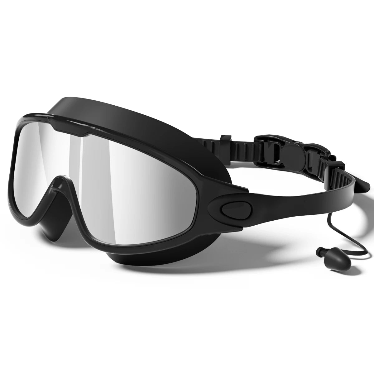 Black anti-fog UV protection swimming goggles with a flexible strap and attached cord