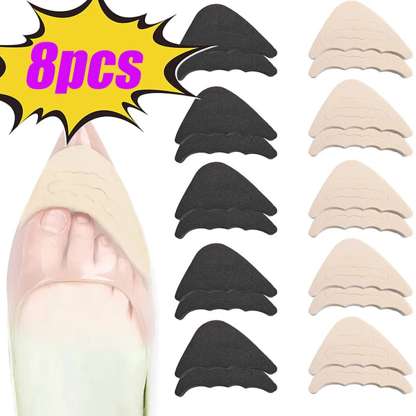 Set of eight beige and black adjustable EVA foot pads for heels and shoes
