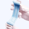 A hand is adjusting a light blue adjustable child safety harness and leash for toddlers.