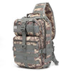 A tactical sling backpack in camouflage pattern with a flag patch on the front.
