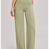 A model wearing olive green high-waist wide-leg yoga leggings and a matching crop top.