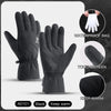 A set of black waterproof touchscreen keep-warm gloves shown with close-up features.
