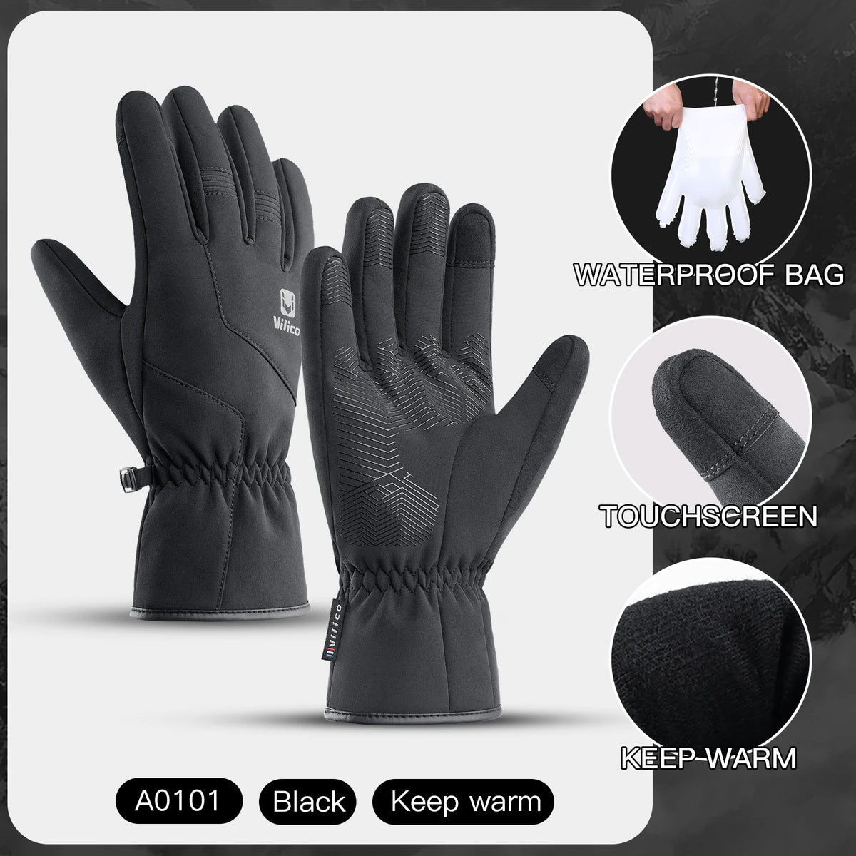 A set of black waterproof touchscreen keep-warm gloves shown with close-up features.
