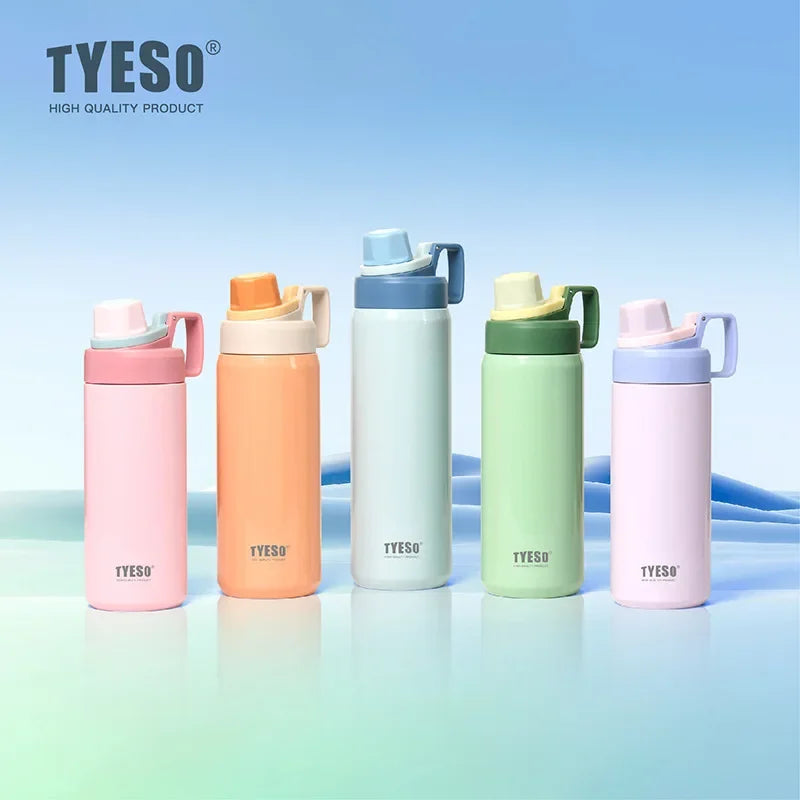 A row of five TYESO insulated stainless steel water bottles in various pastel colors standing on a light blue surface.