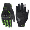 A pair of black motorcycle riding gloves with neon green accents shown against a white background.