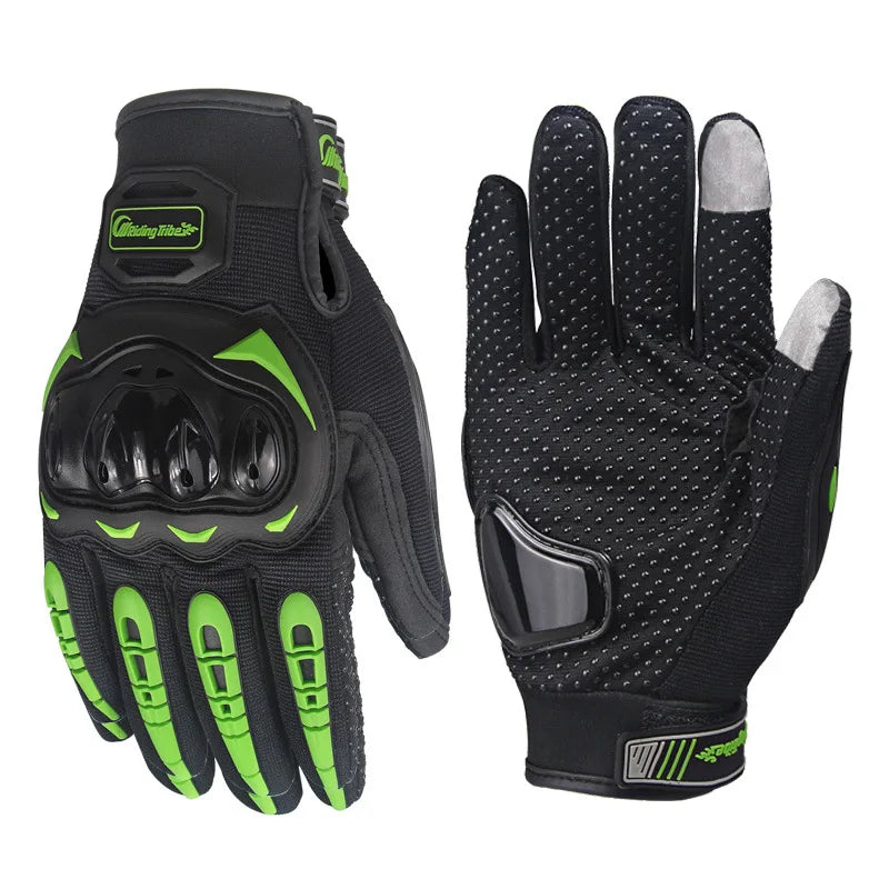 A pair of black motorcycle riding gloves with neon green accents shown against a white background.