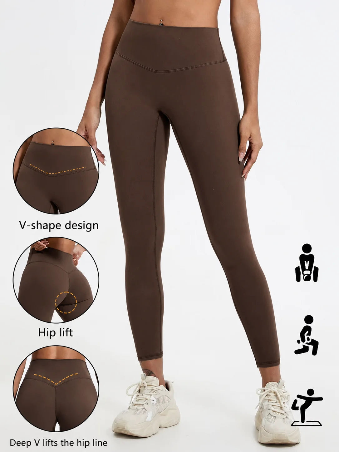 A model wears dark brown high-waist yoga leggings highlighting the V-shape design and hip lift features.