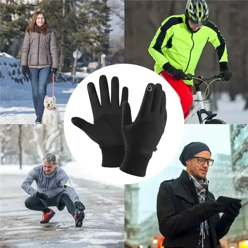 A collage showing people wearing thermal fleece touchscreen gloves for winter outdoor sports in various activities.