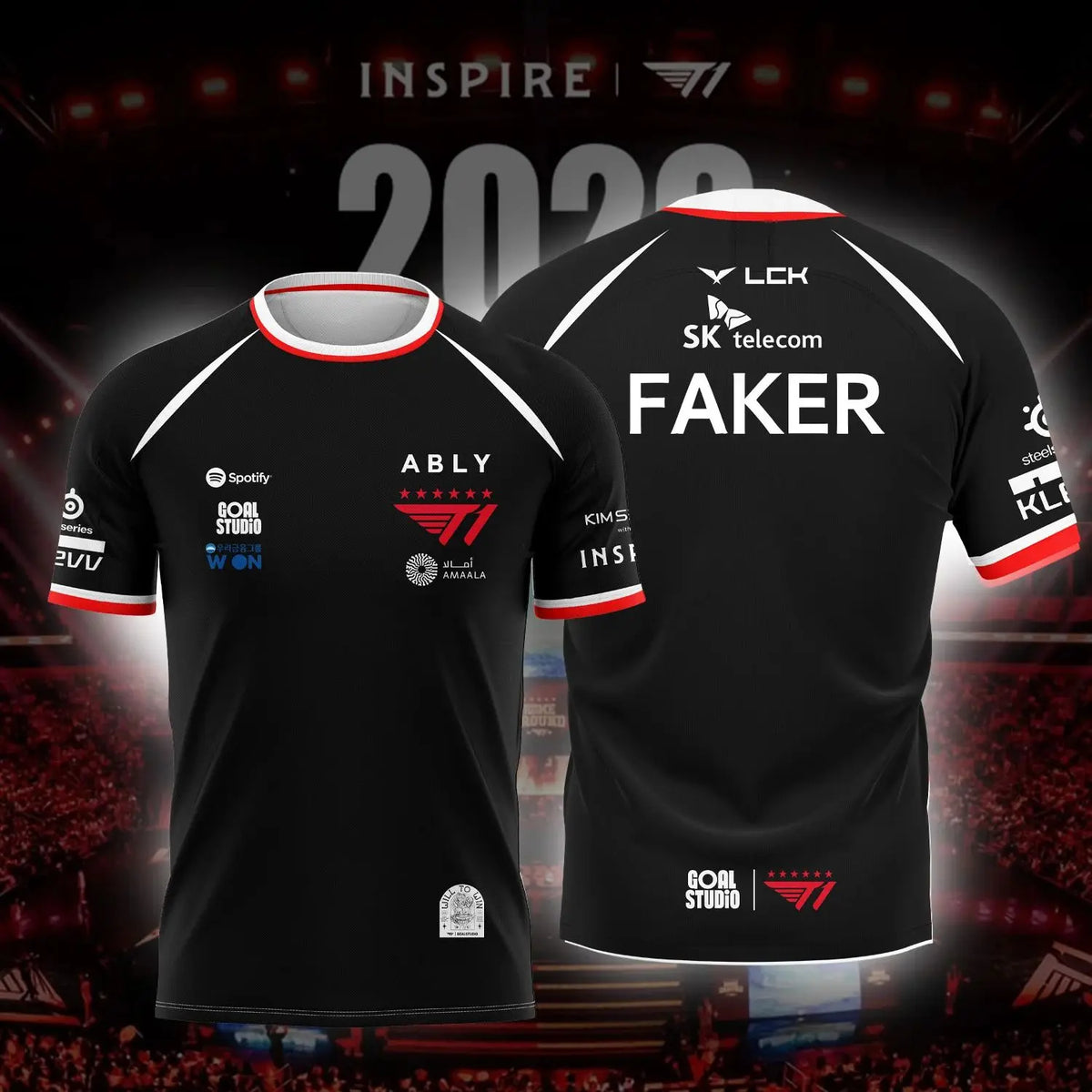 A black esports team jersey with white and red accents displayed against a blurred stadium background.