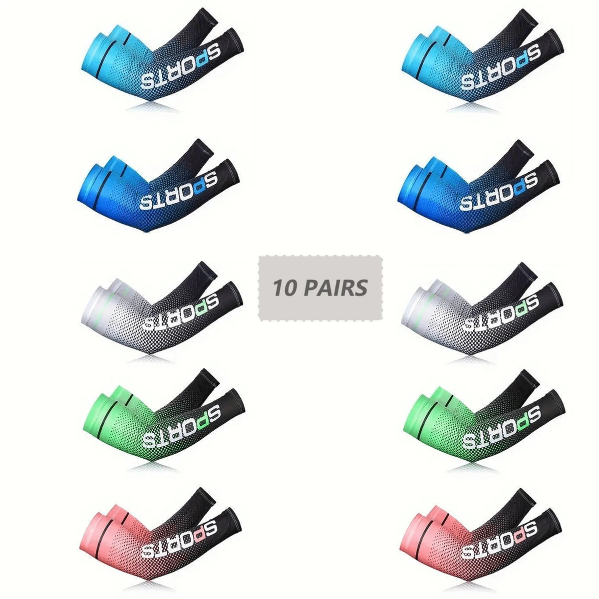 Set of eight blue and green UV protection arm cooling sleeves for outdoor activities