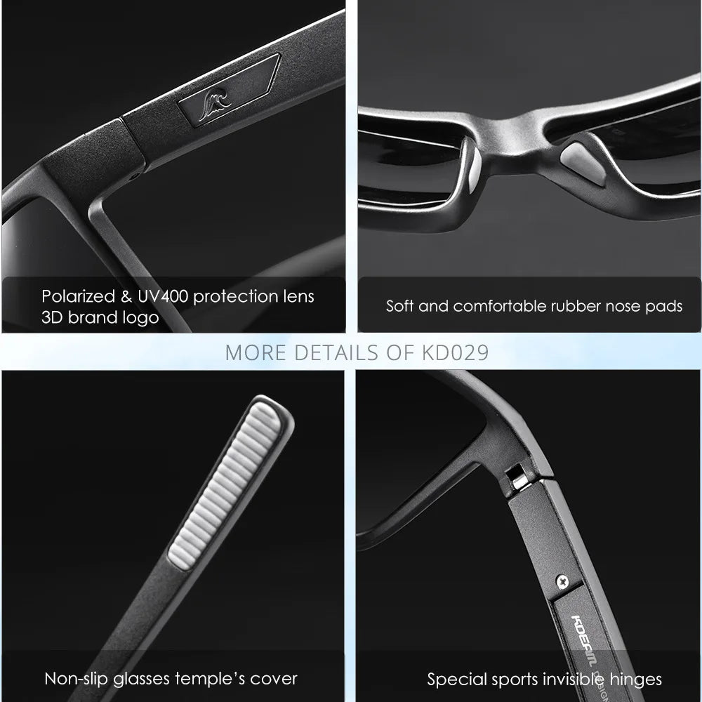 Close-up views of black polarized sunglasses showing the brand logo, rubber nose pads, temple cover, and invisible hinges.