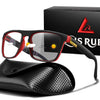 A pair of red-framed photochromic square sunglasses resting on a black leather case and next to its packaging box.