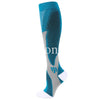A pair of teal and gray compression socks for veins and pregnancy.