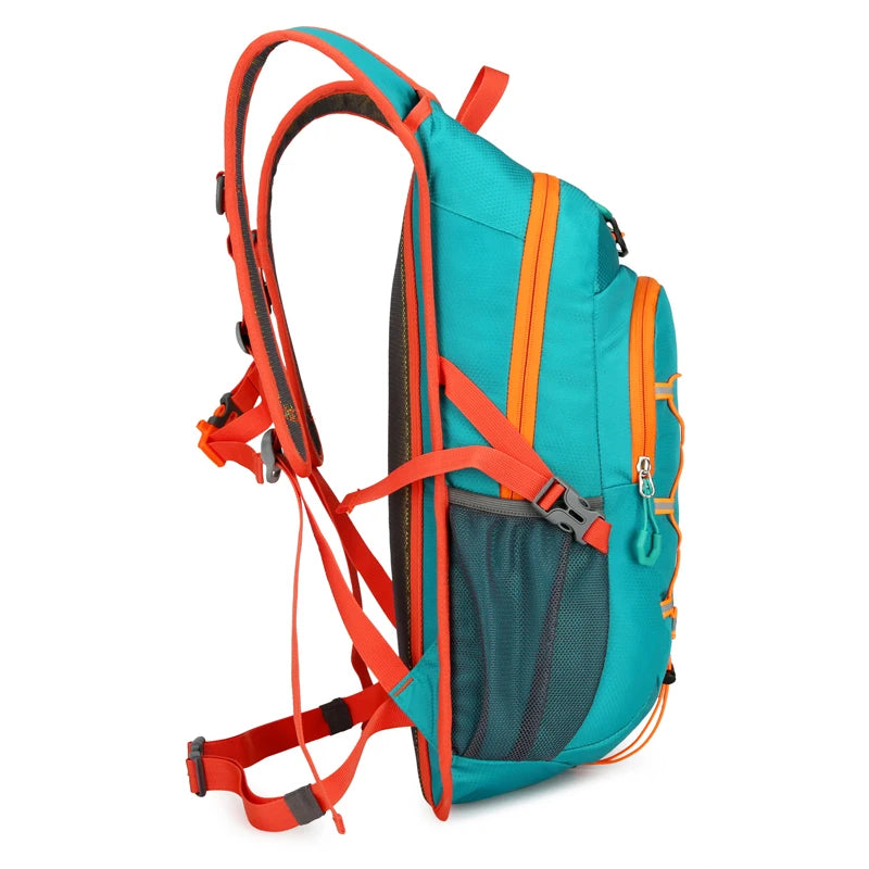 A teal outdoor backpack with orange accents, shown from the side.