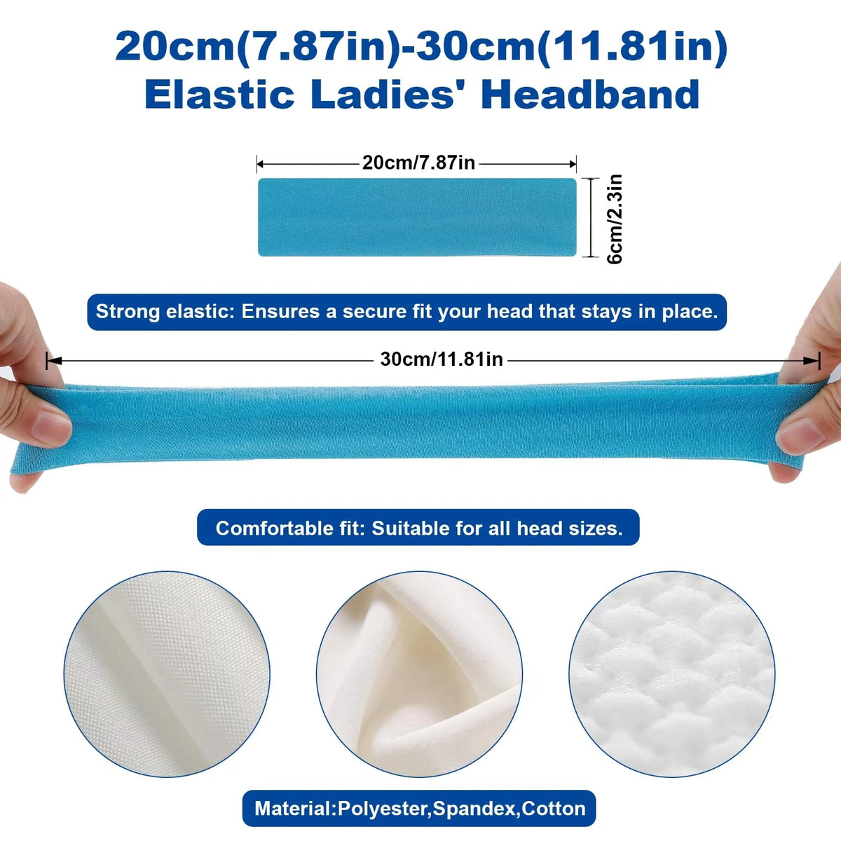 A light blue elastic ladies headband shown flat and stretched, with close-ups of the material texture.
