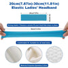A light blue elastic ladies headband shown flat and stretched, with close-ups of the material texture.