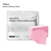 A package of 100 peach and hibiscus scent floor cleaning tablets with pink sheets displayed next to a wooden floor.