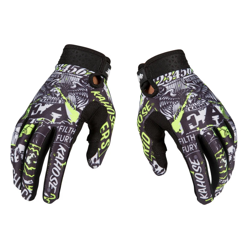 A pair of black and neon yellow full-finger motocross and off-road cycling gloves.