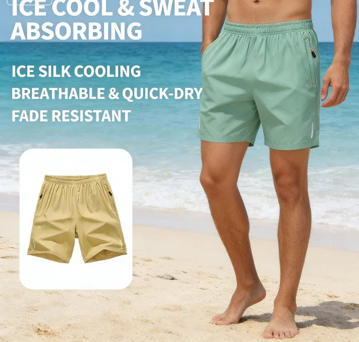A man wearing light green ice silk cooling breathable and quick-dry shorts on a beach.