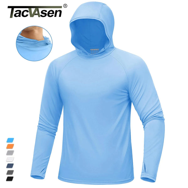 Light blue men's long-sleeved UV protection hoodie with a hood