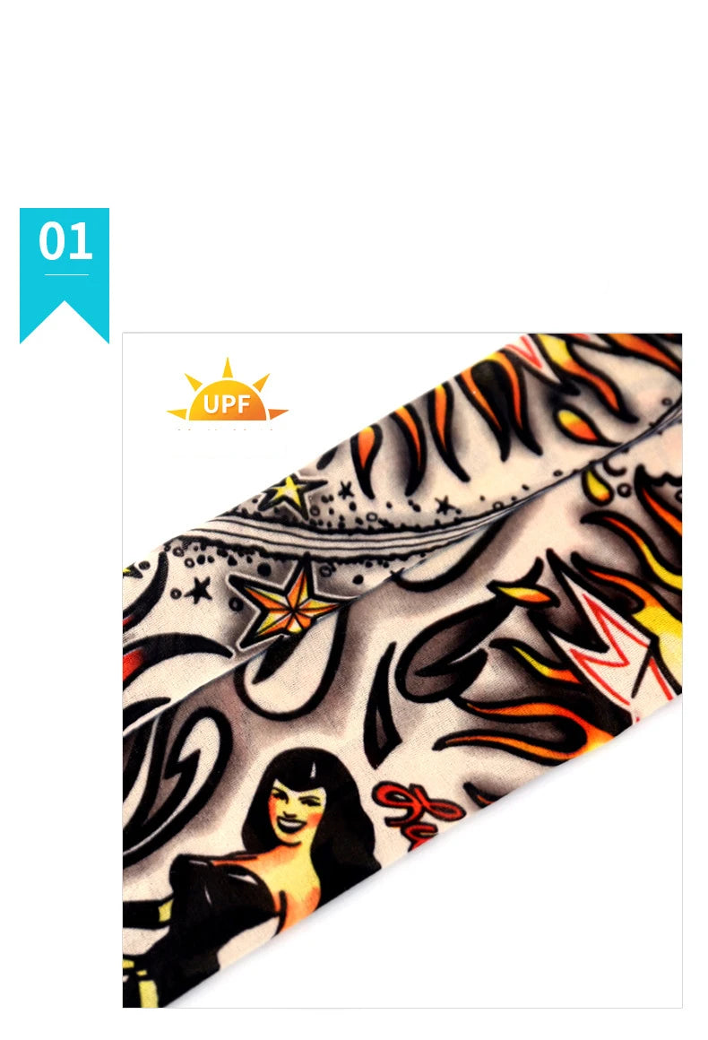Close-up of black and orange arm warmers featuring a stylized woman design.