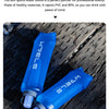 A blue Wels sports water bottle is shown lying on a dark wooden surface.
