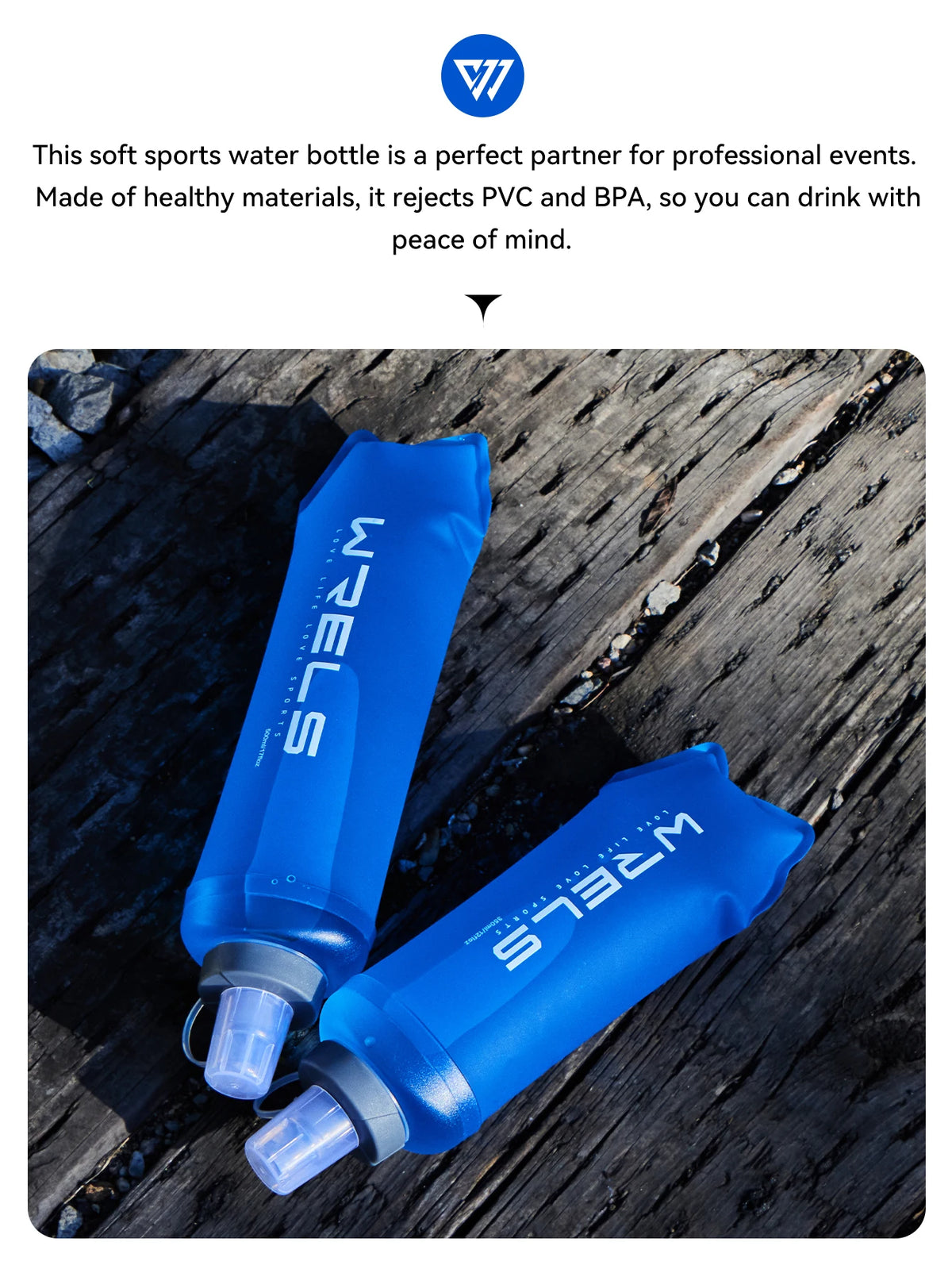 A blue Wels sports water bottle is shown lying on a dark wooden surface.