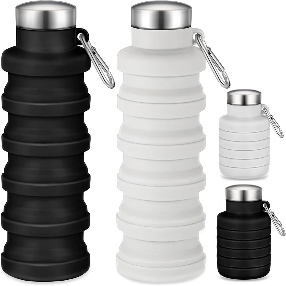 A set of black and white collapsible silicone travel water bottles with metal clasps.