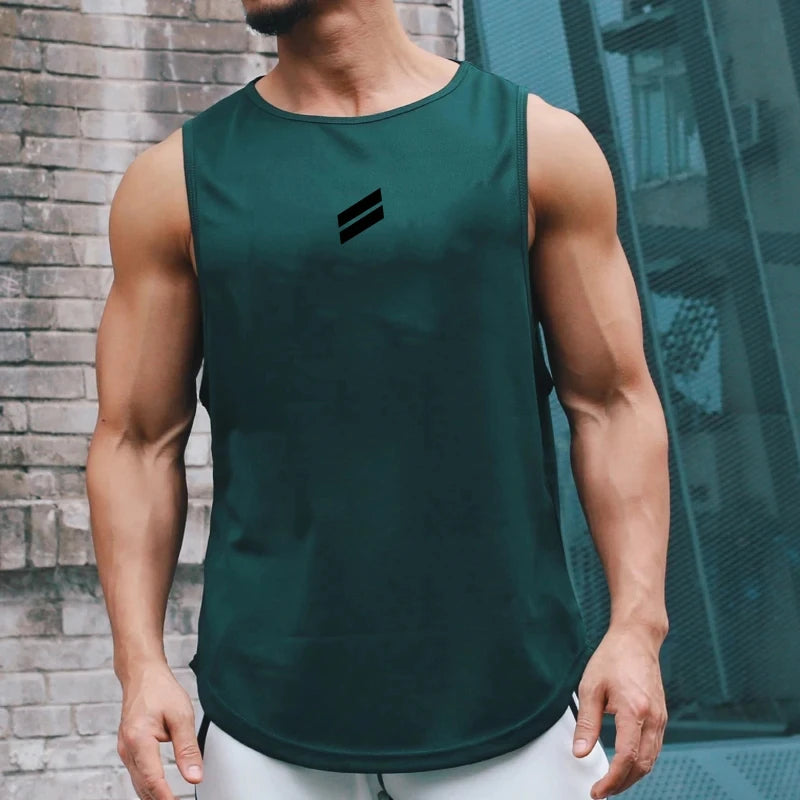 A muscular man wearing a dark green sleeveless sports tank top with a black geometric design.