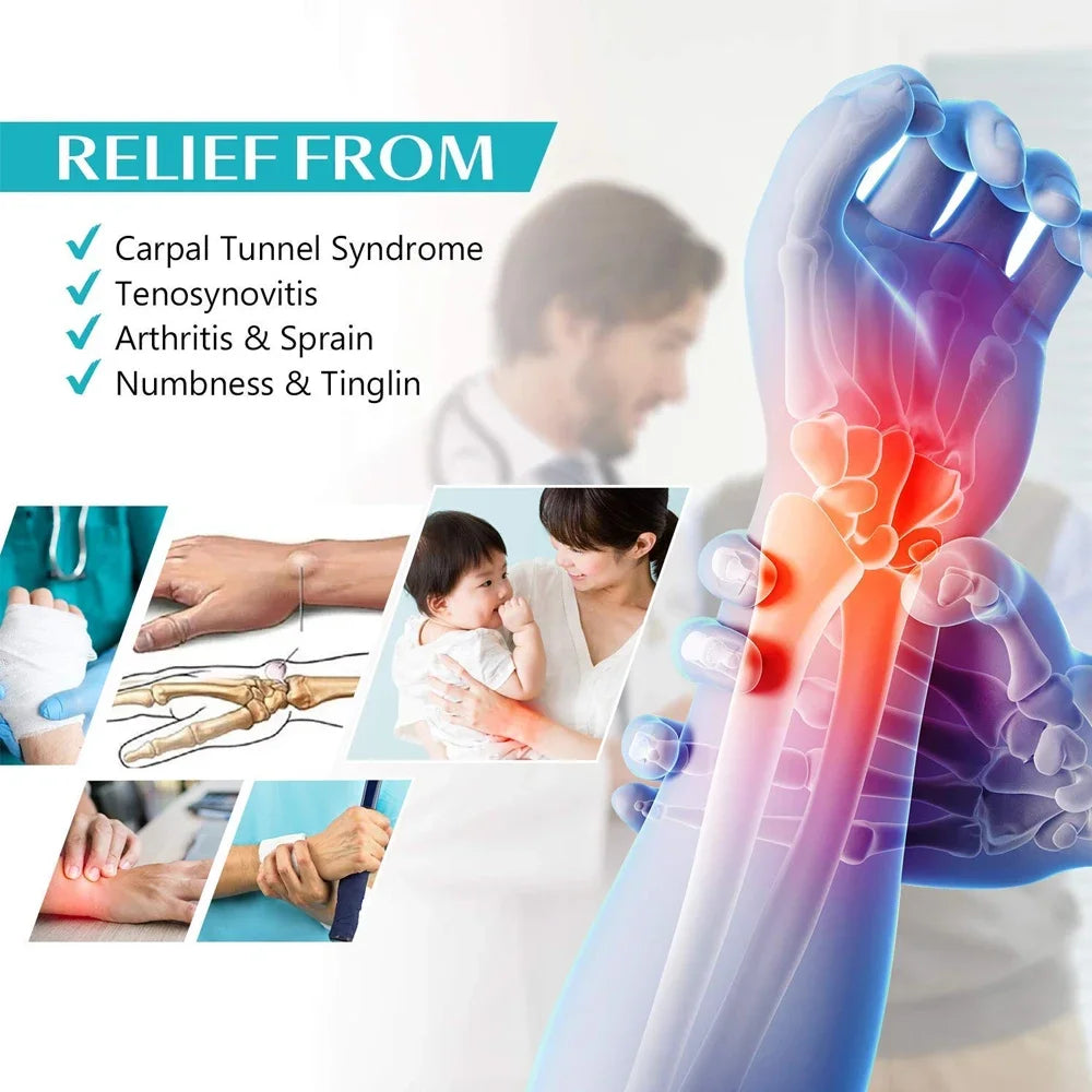 A foot and hand showing a blue glow representing relief from Carpal Tunnel Syndrome, Tenosynovitis, Arthritis, Sprain, and Ti