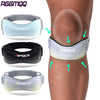 Adjustable patellar tendon support strap shown on a knee, with various colored and sized supports.