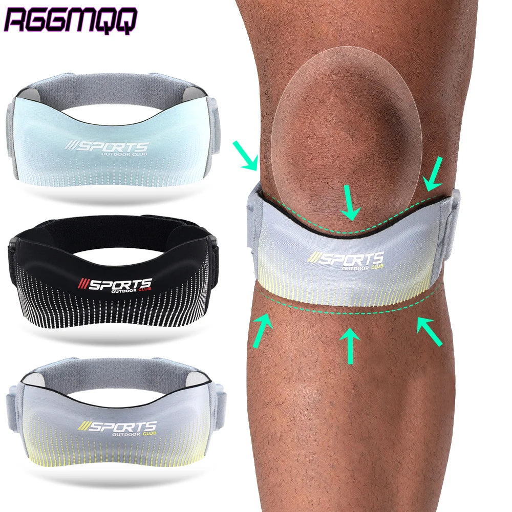Adjustable patellar tendon support strap shown on a knee, with various colored and sized supports.