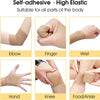 Various self-adhesive elastic bandages shown on an elbow, finger, wrist, hand, knee, and foot/ankle.