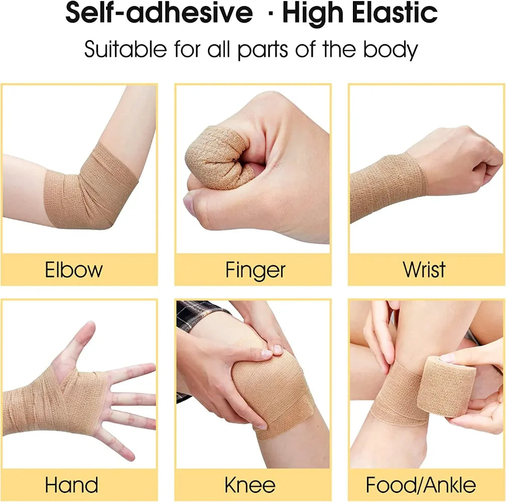 Various self-adhesive elastic bandages shown on an elbow, finger, wrist, hand, knee, and foot/ankle.