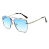 Gafas cuadradas clásicas de metal con lentes azules espejados y marco plateado.