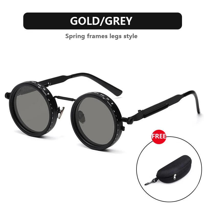 Gold or grey spring frame legs style polarized round sunglasses with adjustable dimming