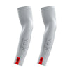 A pair of white protective arm sleeves for outdoor activities shown in a vertical angle.