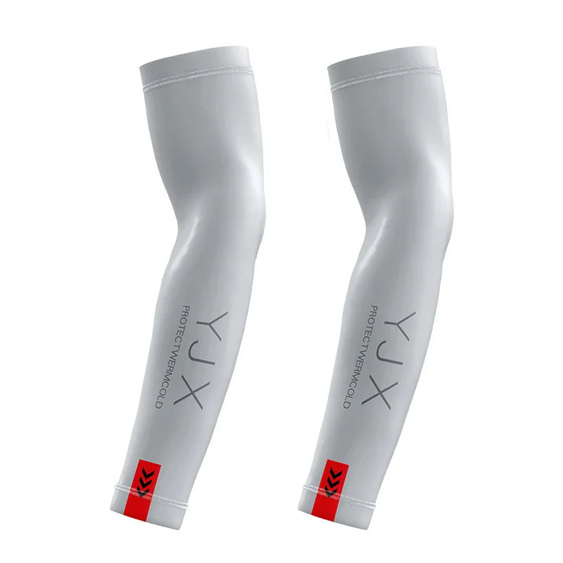 A pair of white protective arm sleeves for outdoor activities shown in a vertical angle.