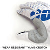 Close-up of a white sports glove with blue accents and a gray thumb crotch.