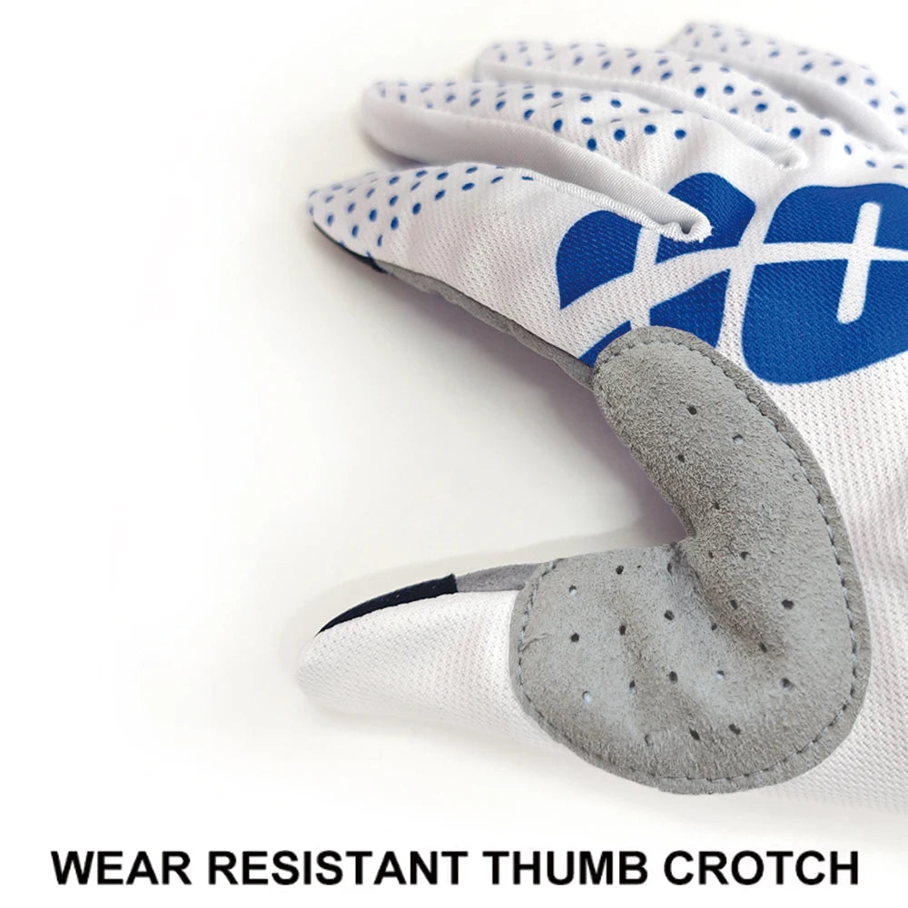 Close-up of a white sports glove with blue accents and a gray thumb crotch.