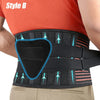 An orthopedic lumbar support belt in black and orange is worn around the waist of a person.
