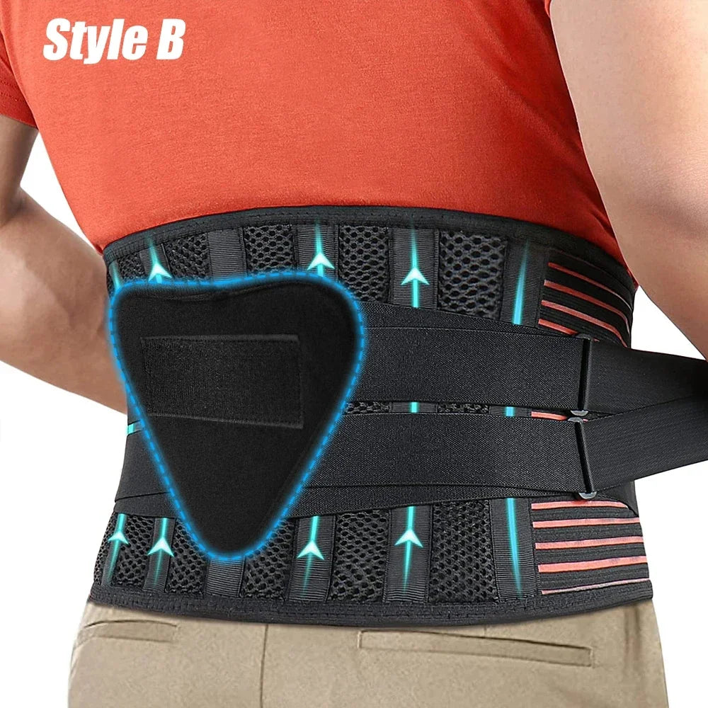 An orthopedic lumbar support belt in black and orange is worn around the waist of a person.