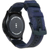 A black Samsung Gear S3 Frontier watch with a dark blue nylon quick release band.
