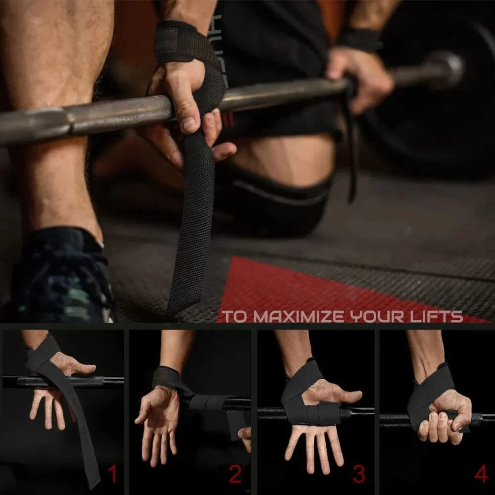 Demonstration of adjustable weightlifting wrist straps showing proper grip support technique.