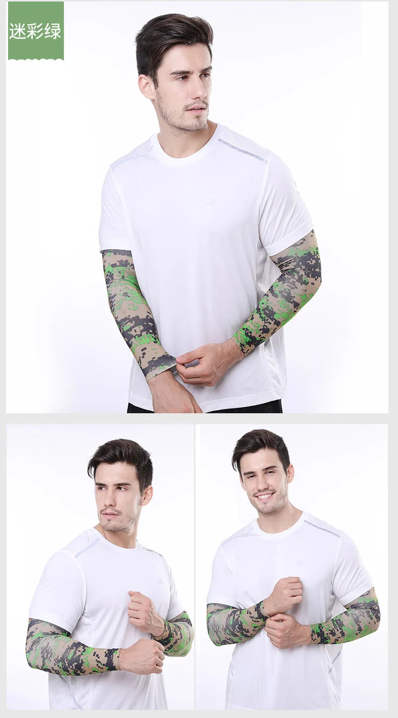 A man wearing a white t-shirt and green camouflage arm sleeves for UV protection.