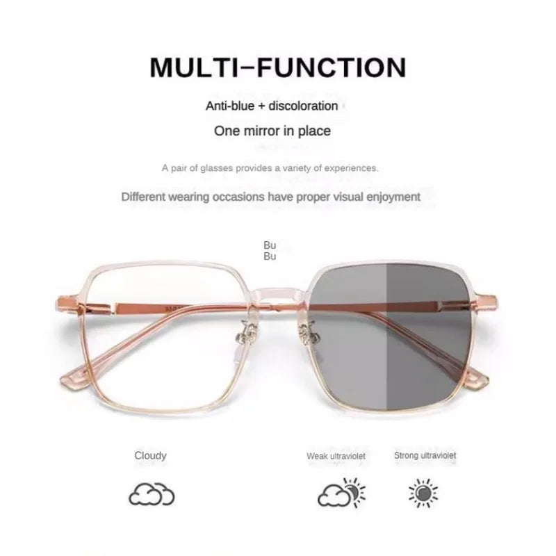 A pair of rose gold photochromic blue light blocking glasses shown against a white background.