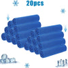 A bundle of 20 blue cooling microfiber towels rolled up, with some loose ice crystals nearby.