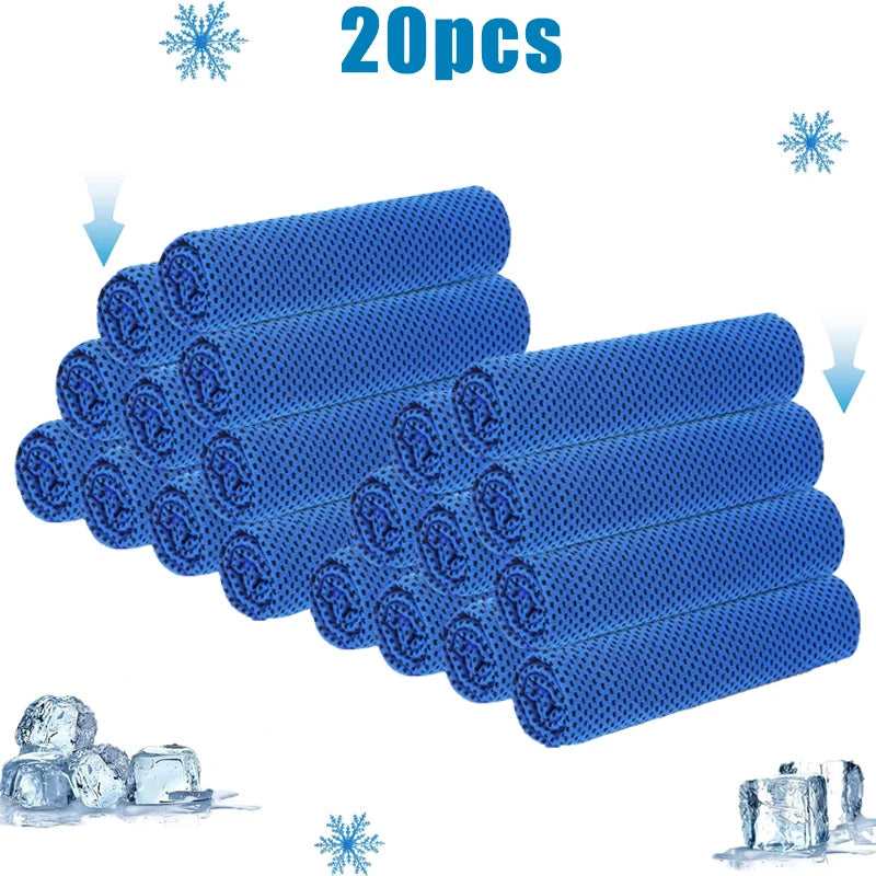A bundle of 20 blue cooling microfiber towels rolled up, with some loose ice crystals nearby.