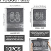 A set of ten reusable non-woven shoe storage bags in gray, showing different sizes and dimensions.