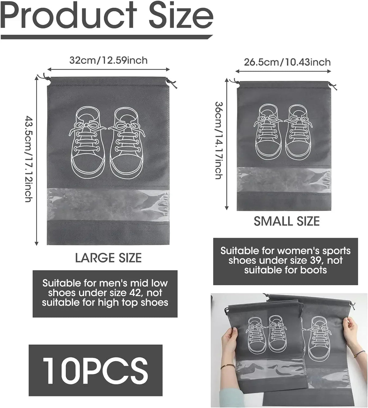 A set of ten reusable non-woven shoe storage bags in gray, showing different sizes and dimensions.